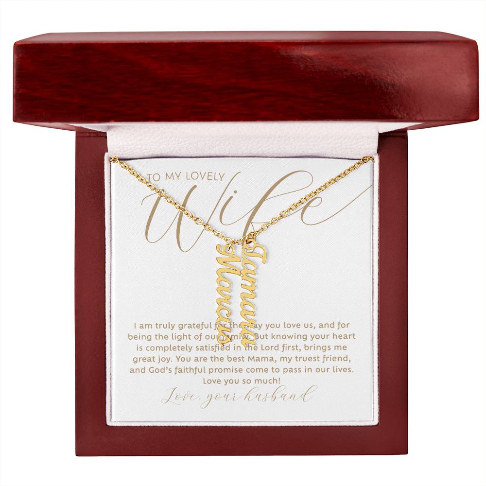 To my lovely Wife personalized 2 multi-kid's names gold necklace with heartfelt Christian faith-based message card insert in a luxury mahogany wood-like LED light gift box - the perfect Christmas gift / holiday / birthday / Mother's Day gift for wife from husband