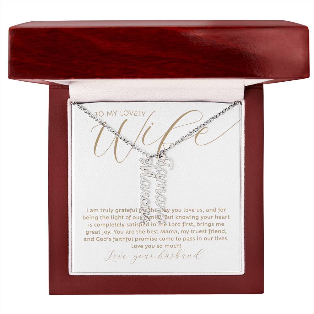 To my lovely Wife personalized 2 multi-kid's names stainless steel silver necklace with heartfelt Christian faith-based message card insert in a luxury mahogany wood-like LED light gift box - the perfect Christmas gift / holiday / birthday / Mother's Day gift for wife from husband