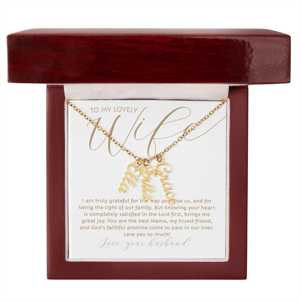 To my lovely Wife personalized 3 multi-kid's names gold necklace with heartfelt Christian faith-based message card insert in a luxury mahogany wood-like LED light gift box - the perfect Christmas gift / holiday / birthday / Mother's Day gift for wife from husband