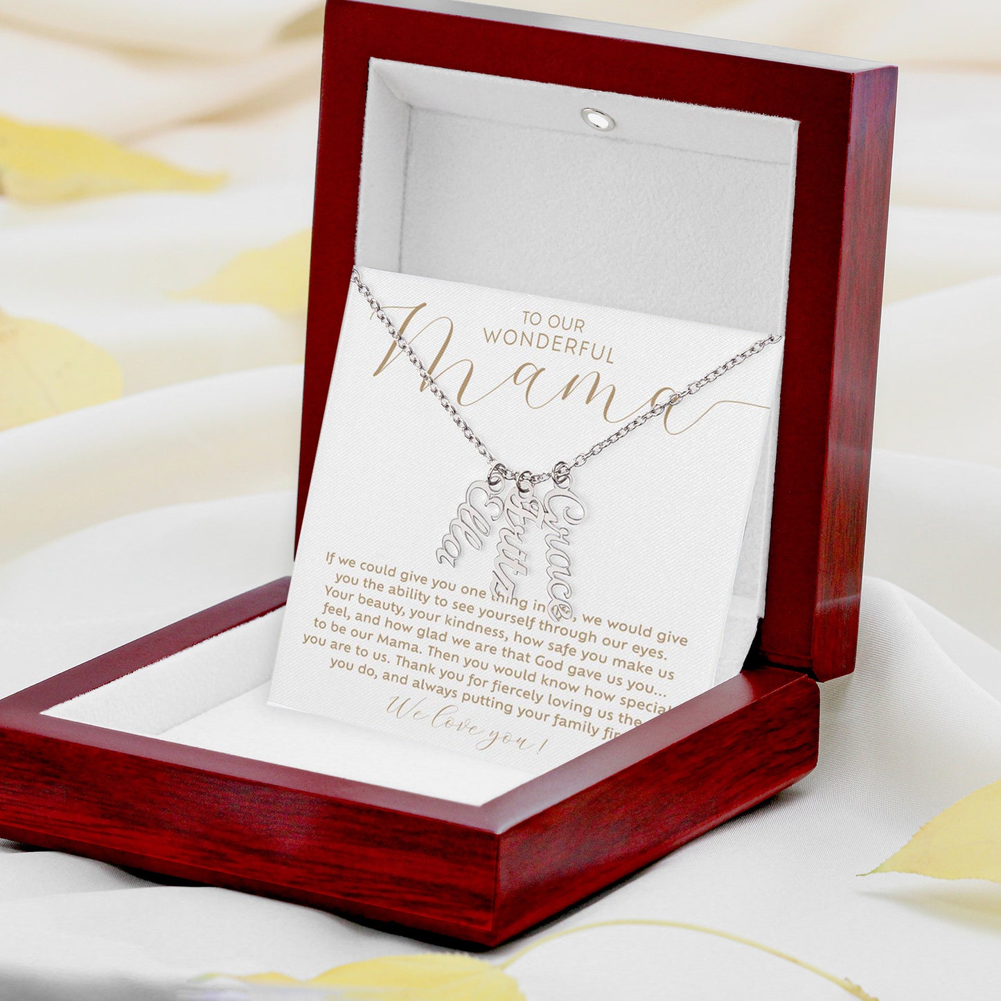 Personalized 2 multi-kid's names polished stainless steel silver necklace with heartfelt Christian faith-based message card insert in a luxury mahogany wood-like LED light gift box that shines on the necklace when opened - the perfect Christmas gift / holiday / birthday / Mother's Day gift for your mom from children of any age!