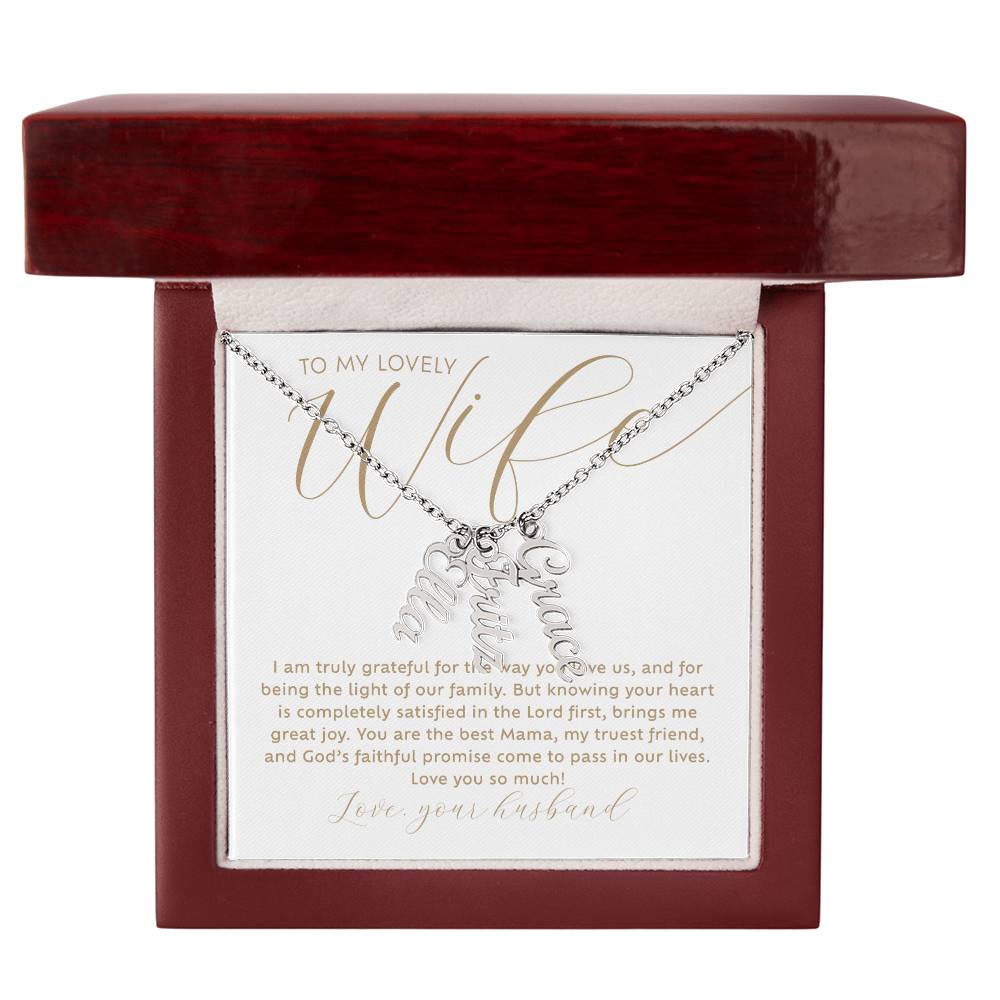 To my lovely Wife personalized 3 multi-kid's names stainless steel silver necklace with heartfelt Christian faith-based message card insert in a luxury mahogany wood-like LED light gift box - the perfect Christmas gift / holiday / birthday / Mother's Day gift for wife from husband