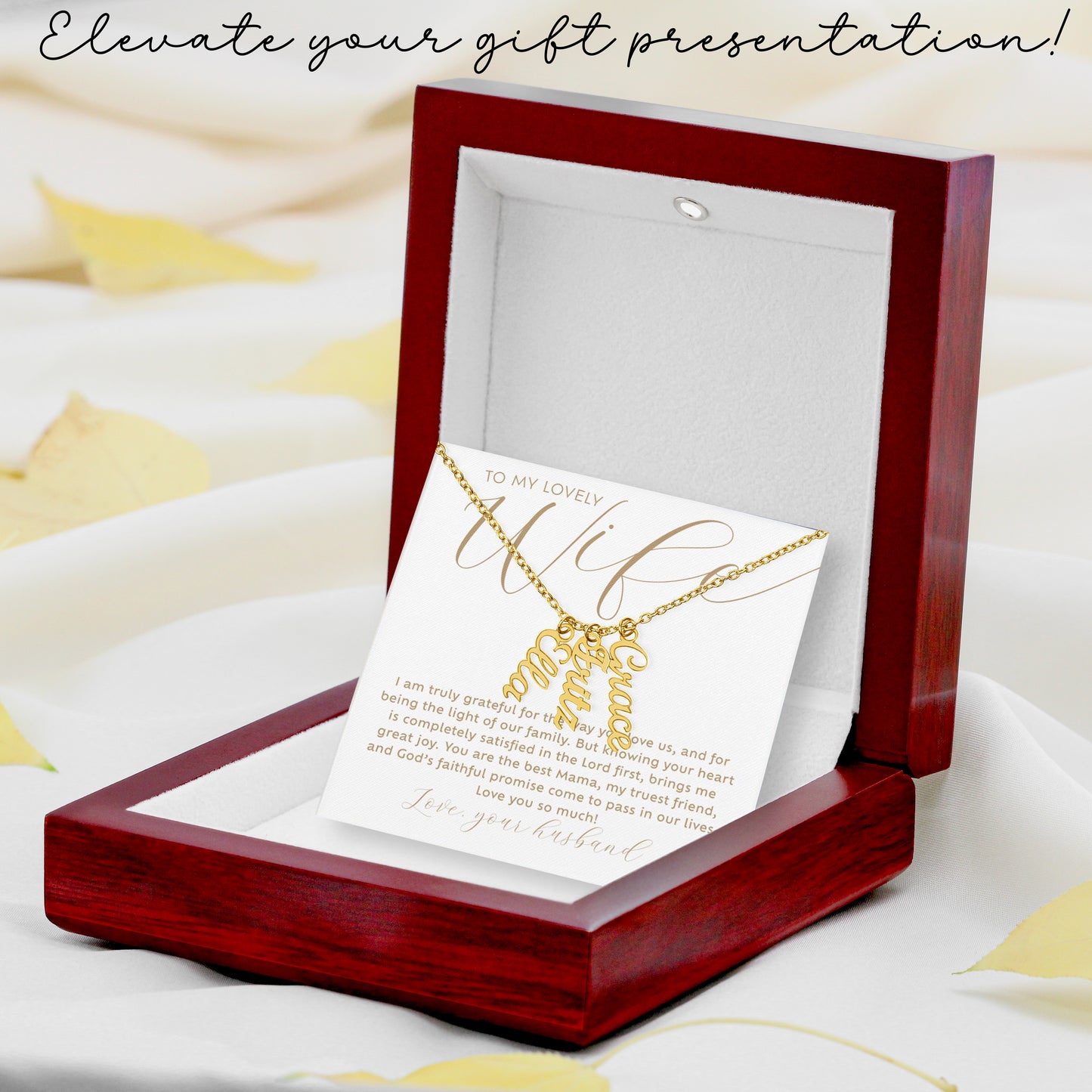 To my lovely Wife personalized 3 multi-kid's names gold necklace with heartfelt Christian faith-based message card insert in a luxury mahogany wood-like LED light gift box that shines on the necklace when opened - the perfect Christmas gift / holiday / birthday / Mother's Day gift for wife from husband