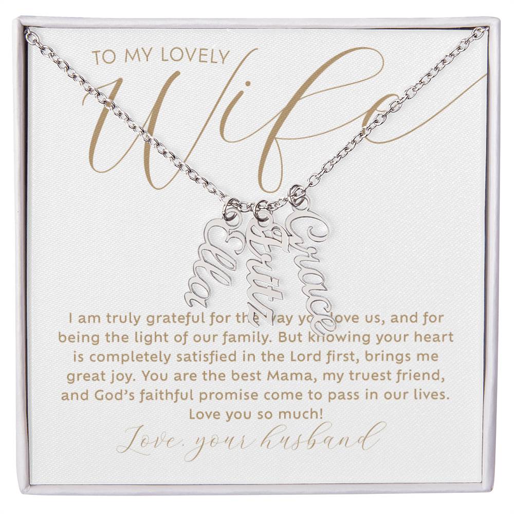 To my lovely Wife personalized 3 multi-kids name polished stainless steel silver necklace with heartfelt Christian faith-based message card insert and gift box - the perfect Christmas gift / holiday / birthday / Mother's Day gift for gift for wife from husband