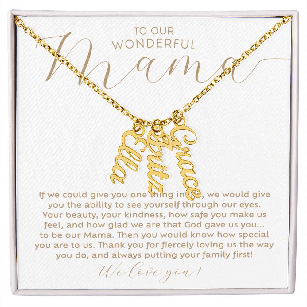 Personalized 3 multi-kids name 18k yellow gold necklace with heartfelt Christian faith-based message card insert and gift box - the perfect Christmas gift / holiday / birthday / Mother's Day gift for your mom from children of any age!