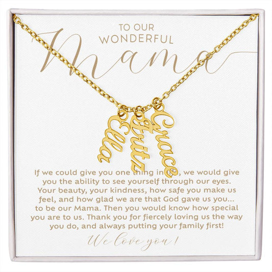 Personalized 3 multi-kids name 18k yellow gold necklace with heartfelt Christian faith-based message card insert and gift box - the perfect Christmas gift / holiday / birthday / Mother's Day gift for your mom from children of any age!