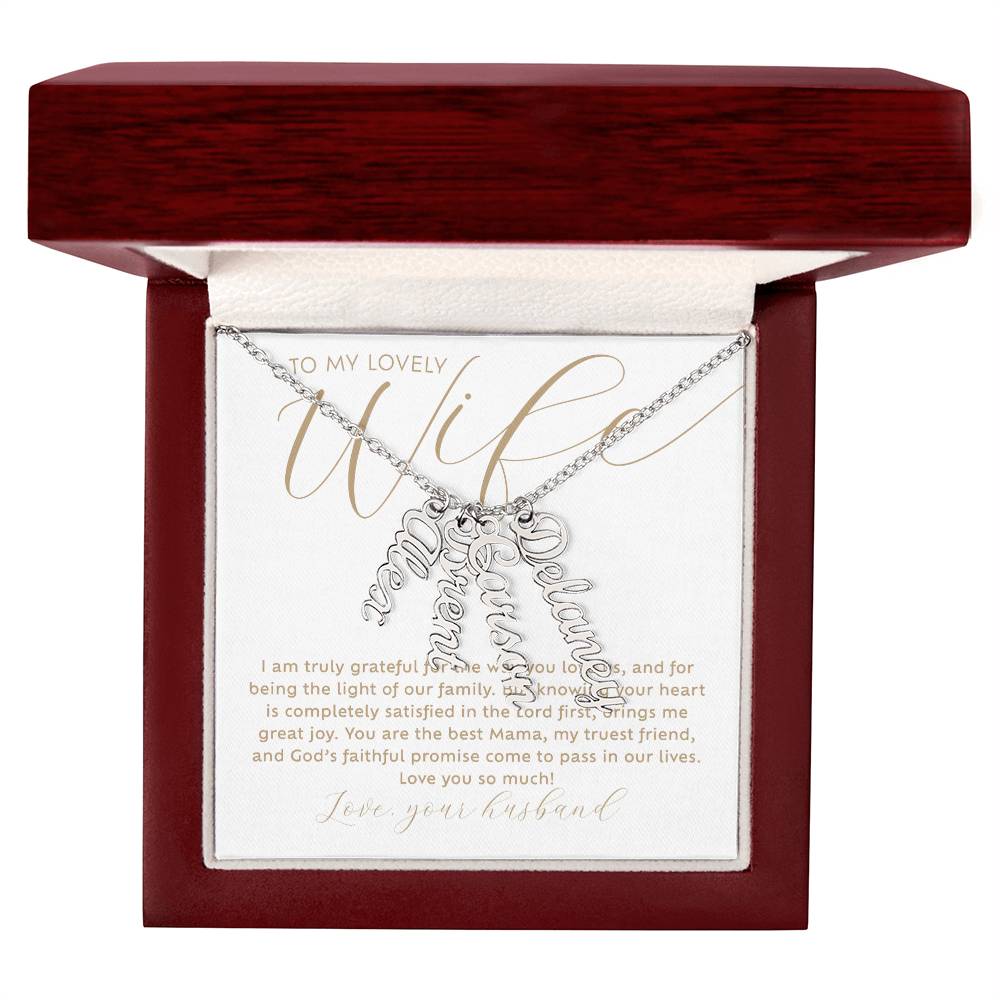 To my lovely Wife personalized 4 multi-kid's names 18k gold necklace with heartfelt Christian faith-based message card insert in a luxury mahogany wood-like LED light gift box - the perfect Christmas gift / holiday / birthday / Mother's Day gift for wife from husband