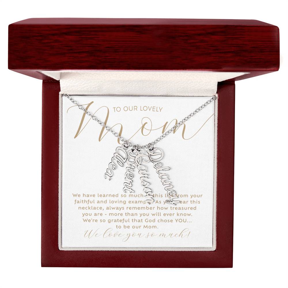Personalized 4 multi-kid's names polished stainless steel silver necklace with heartfelt Christian faith-based message card insert in a luxury mahogany wood-like LED light gift box - the perfect Christmas gift / holiday / birthday / Mother's Day gift for your mom from children of any age!