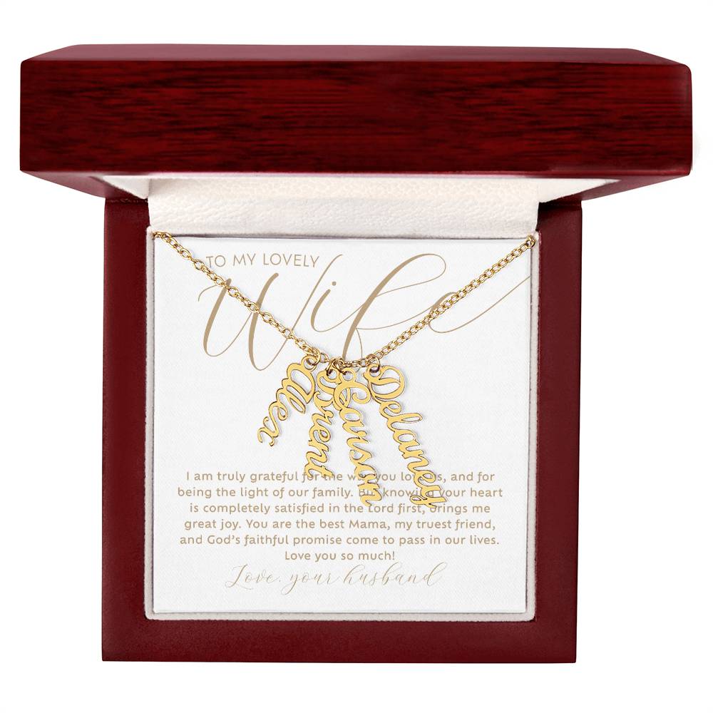 To my lovely Wife personalized 4 multi-kid's names 18k yellow gold necklace with heartfelt Christian faith-based message card insert in a luxury mahogany wood-like LED light gift box - the perfect Christmas gift / holiday / birthday / Mother's Day gift for wife from husband