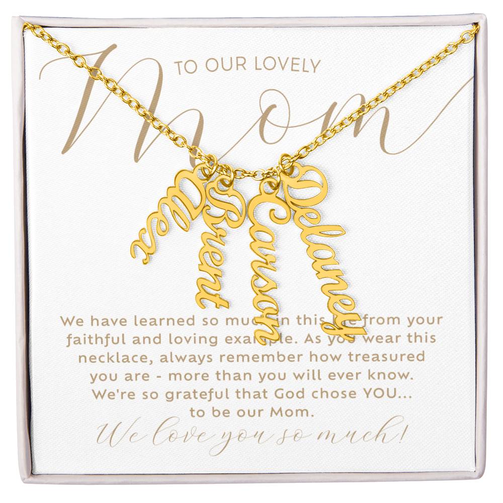 Personalized 4 multi-kids name 18k yellow gold necklace with heartfelt Christian faith-based message card insert and gift box - the perfect Christmas gift / holiday / birthday / Mother's Day gift for your mom from children of any age!