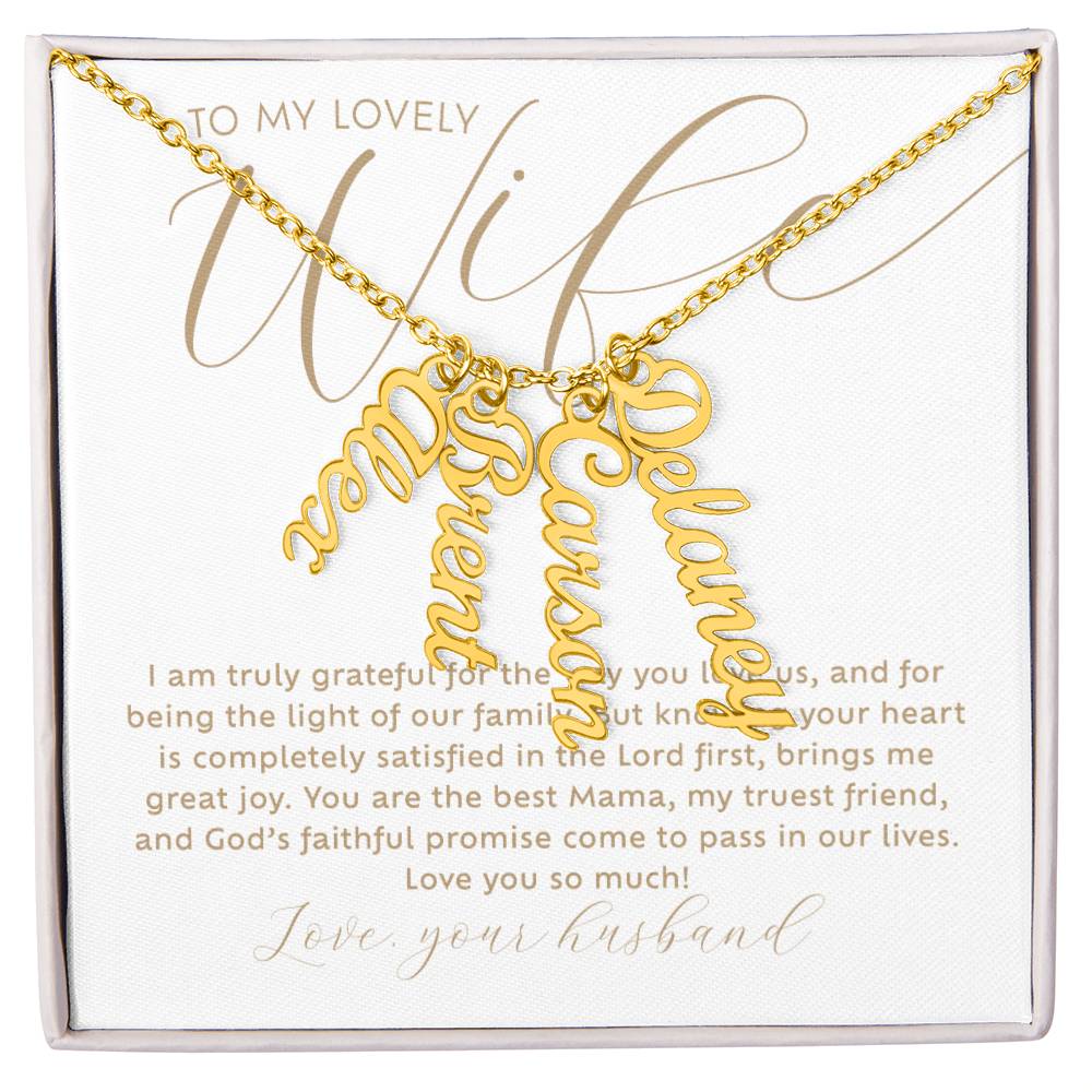 To my lovely Wife personalized 4 multi-kids name 18k gold necklace with heartfelt Christian faith-based message card insert and gift box - the perfect Christmas gift / holiday / birthday / Mother's Day gift for gift for wife from husband
