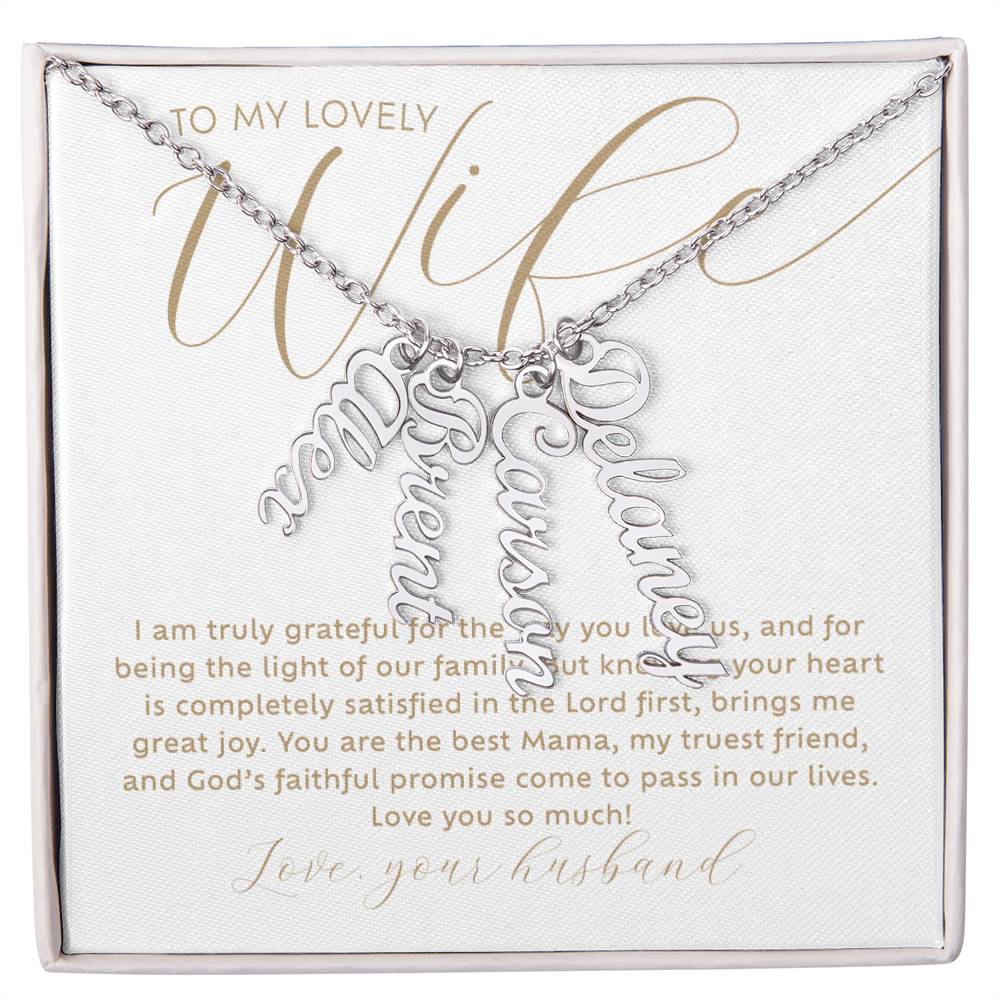 To my lovely Wife personalized 4 multi-kids name polished stainless steel silver necklace with heartfelt Christian faith-based message card insert and gift box - the perfect Christmas gift / holiday / birthday / Mother's Day gift for gift for wife from husband