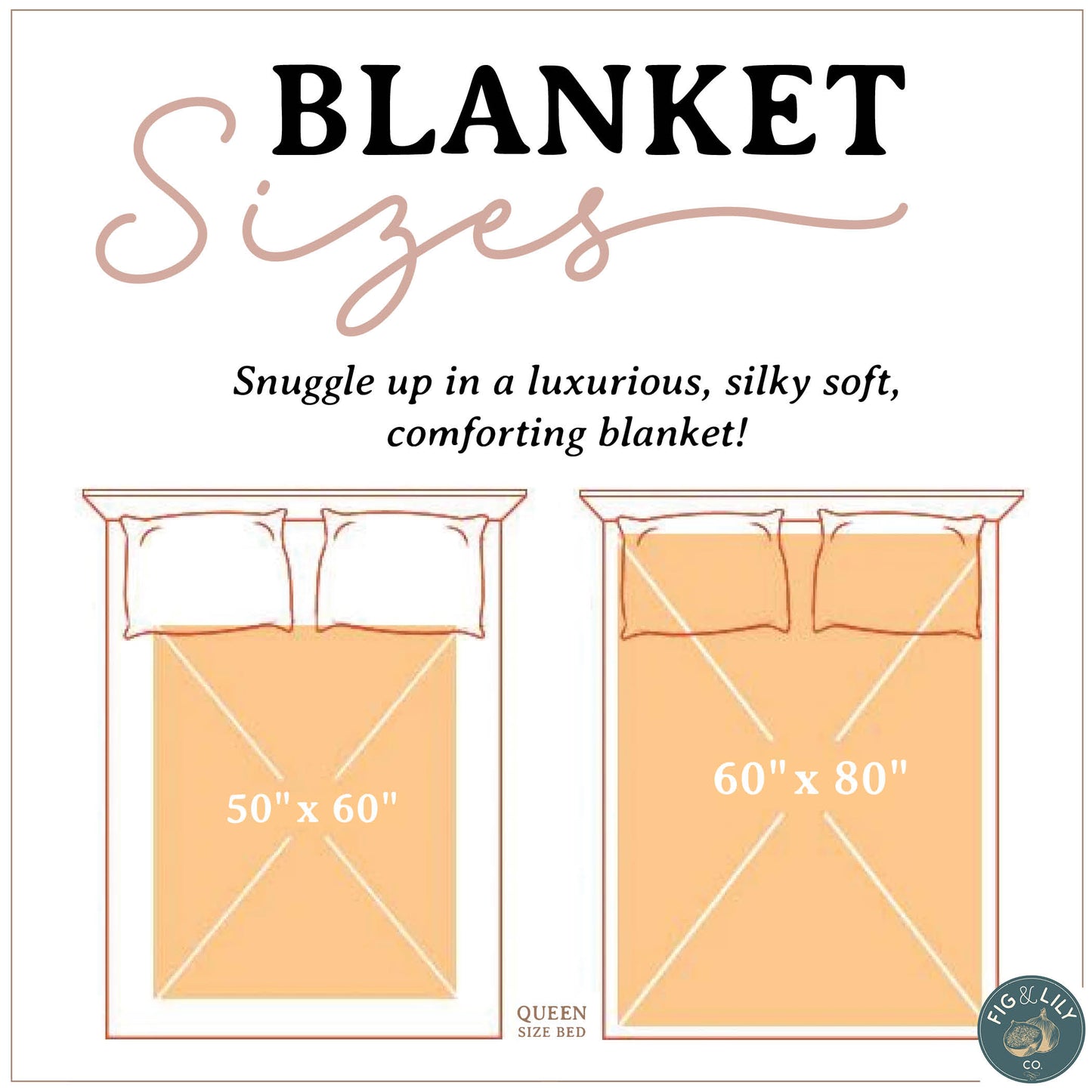 50 x 60" and 60 x 80" blanket size chart area covering bed, luxurious silky soft cozy comforting minky blanket