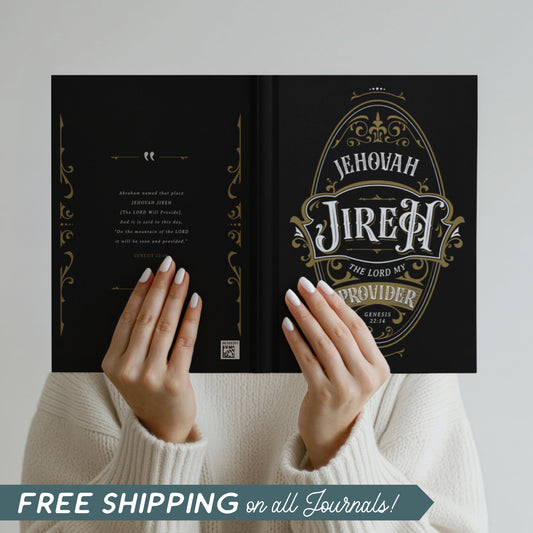 Woman holding up an opened black Christian prayer journal lined notebook with both sides showing with gold and white vintage blackletter oval ornate frame design with Jehovah Jireh The LORD My Provider Genesis 22:14 bible verse printed