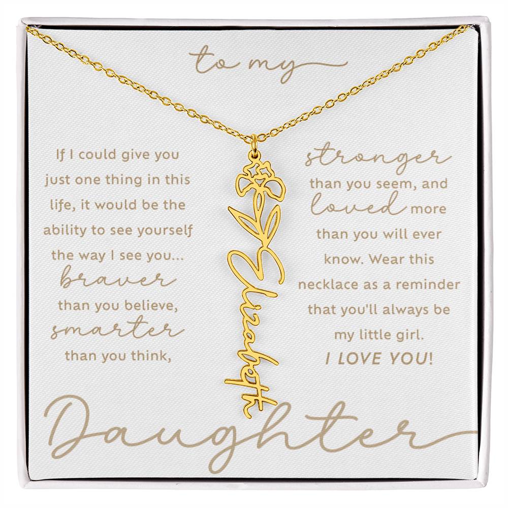 To My Daughter i love you message card custom February iris birth month flower script name 18k gold necklace in a standard two-tone gift box - perfect Christmas or birthday gift