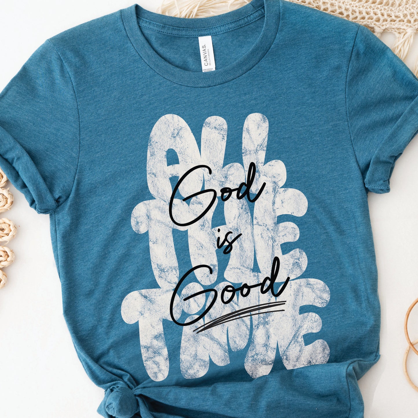 Christian faith-based unisex soft heather deep teal t-shirt with inspirational quote 'God is Good All The Time' in modern trendy font – religious apparel for men and women