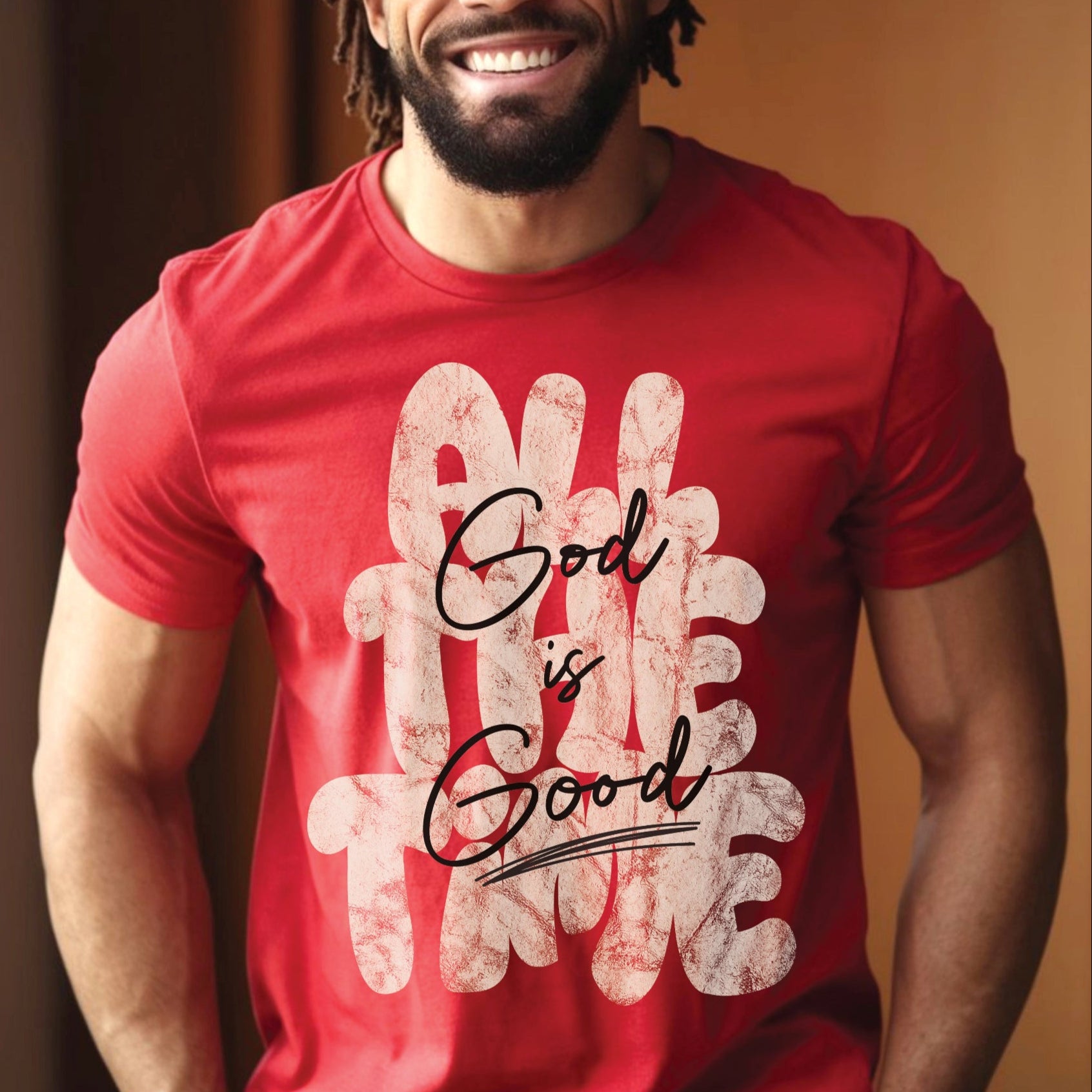 Man wearing a Christian faith-based unisex red t-shirt with inspirational quote 'God is Good All The Time' in modern trendy font – religious apparel for men and women