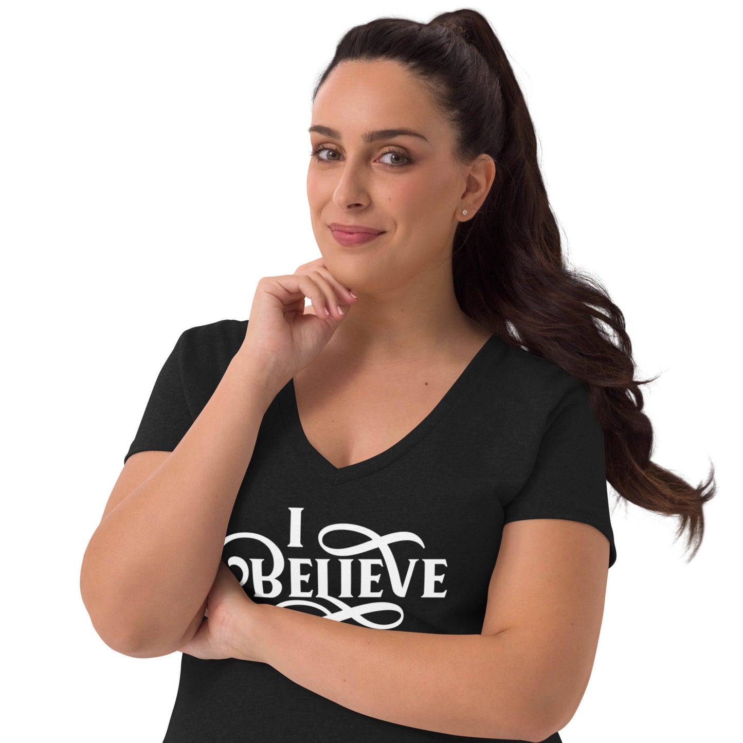 plus size woman wearing a black I Believe Swirl Christian aesthetic Jesus believer V-neck t-shirt design printed in white on soft black vneck tee for faith-based women, gift for her