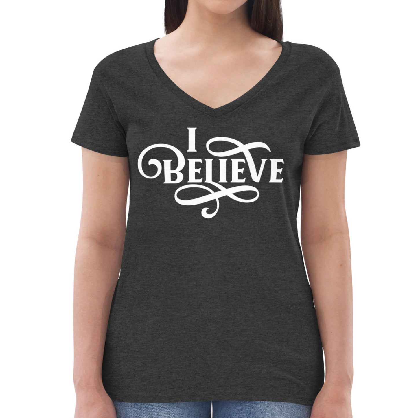 Woman wearing heather dark gray I Believe Swirl Christian aesthetic Jesus believer V-neck t-shirt design printed in black on soft wide vneck tee for faith-based women, gift for her
