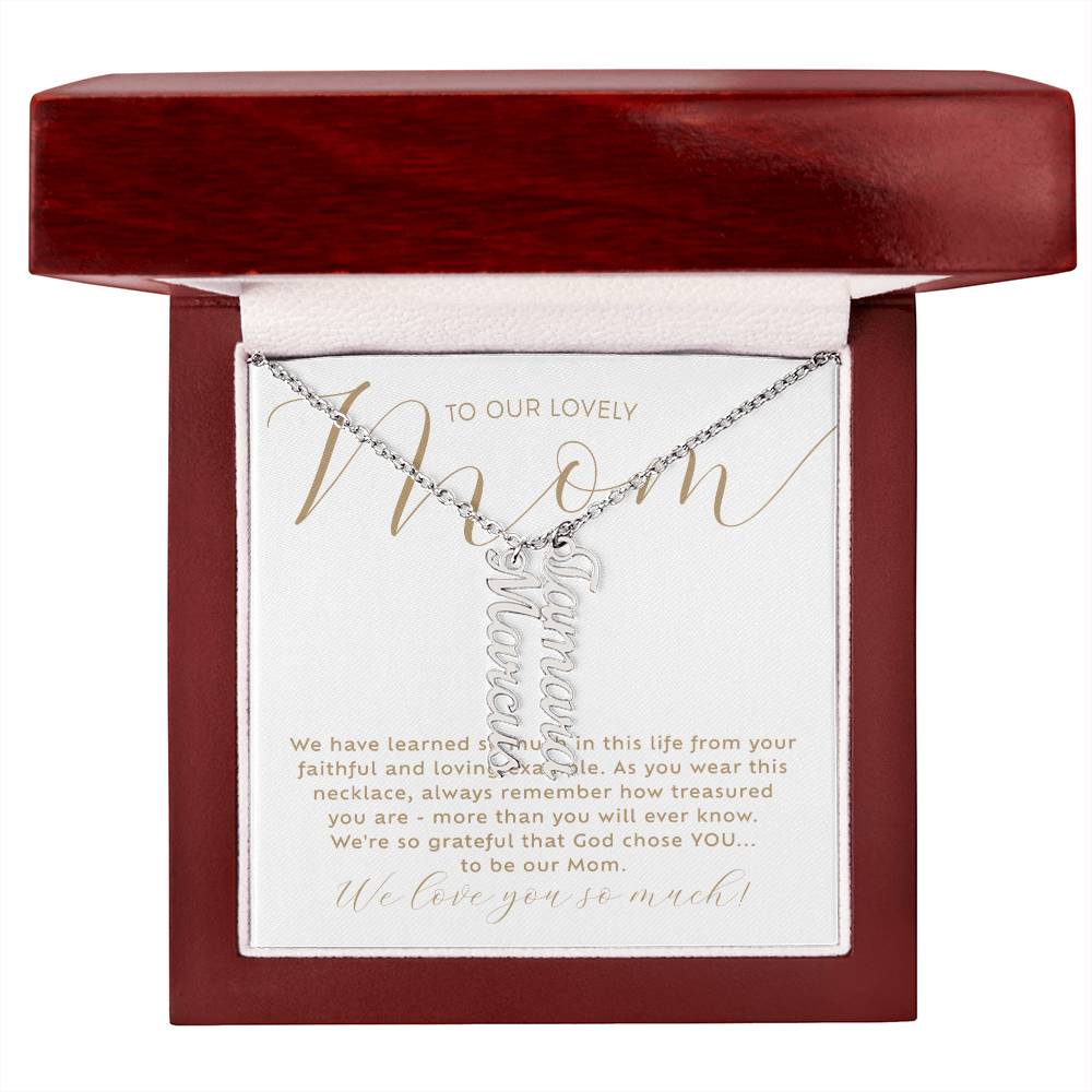 Personalized 2 multi-kid's names polished stainless steel necklace with heartfelt Christian faith-based message card insert in a luxury mahogany wood-like LED light gift box - the perfect Christmas gift / holiday / birthday / Mother's Day gift for your mom from children of any age!