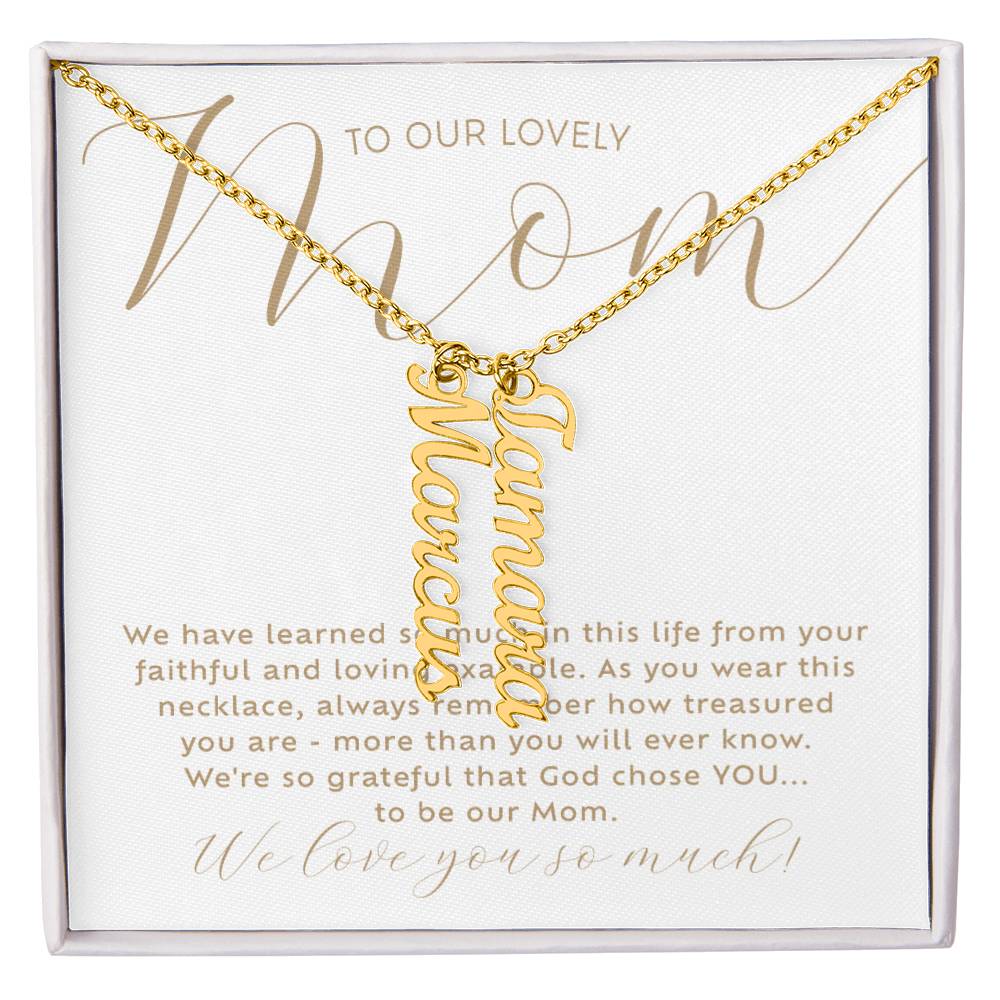 Personalized 2 multi-kids name 18k yellow gold necklace with heartfelt Christian faith-based message card insert and gift box - the perfect Christmas gift / holiday / birthday / Mother's Day gift for your mom from children of any age!