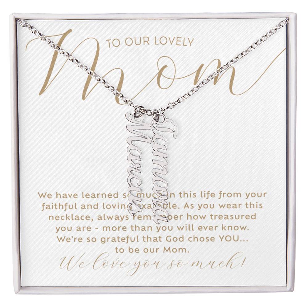 Personalized 2 multi-kids name polished stainless steel silver necklace with heartfelt Christian faith-based message card insert and gift box - the perfect Christmas gift / holiday / birthday / Mother's Day gift for your mom from children of any age!