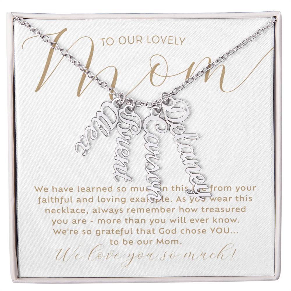 Personalized 4 multi-kids name polished stainless steel silver necklace with heartfelt Christian faith-based message card insert and gift box - the perfect Christmas gift / holiday / birthday / Mother's Day gift for your mom from children of any age!