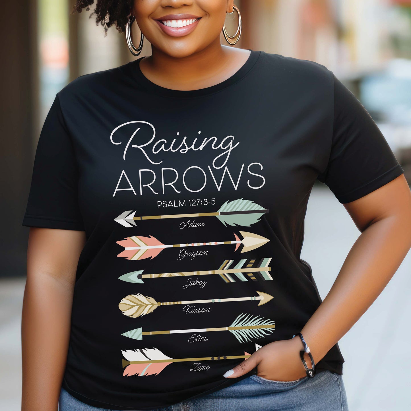 Personalized Names Raising Arrows Psalm 127:3-5 Mom T-Shirt