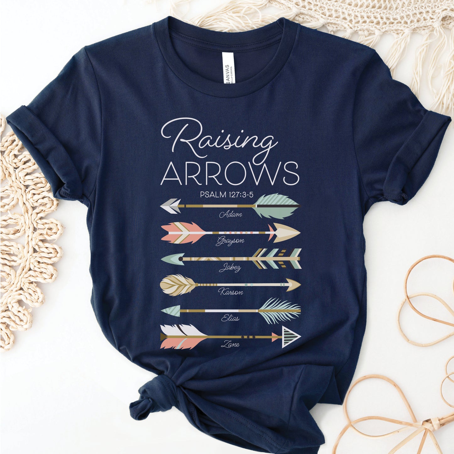 Raising Arrows Personalized Christian Mom T-Shirt - Add 6 Names