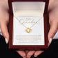 To my Lovely Grandma 18k gold sparkling cubic zirconia Love Knot necklace Mother's Day Gift to Grandmother with heart warming message card nestled inside luxury mahogany jewelry gift box