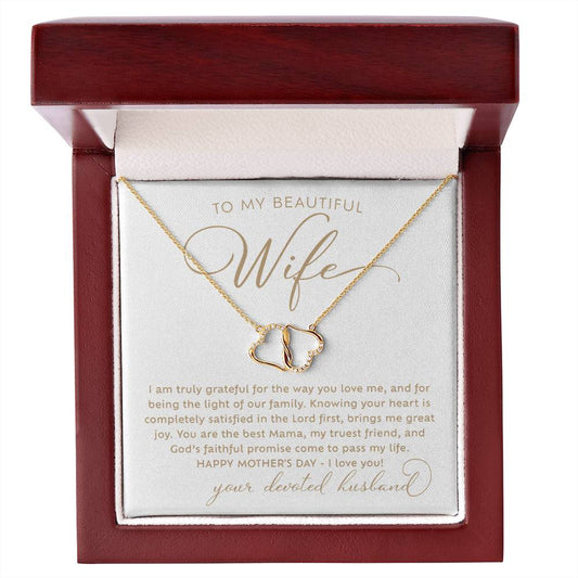 To My Beautiful Wife delicate & simple double heart real diamond and 10K gold pendant necklace Mother's Day jewelry gift from devoted husband, includes Christian faith-based printed message card inside luxury LED light mahogany jewelry gift box