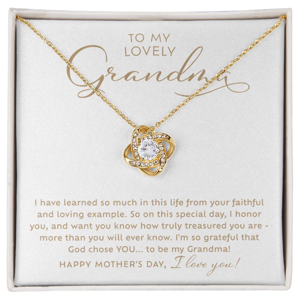 To my Lovely Grandma 18k yellow gold sparkling cubic zirconia Love Knot necklace Happy Mother's Day Gift to Grandmother with heart warming message card nestled inside included jewelry gift box