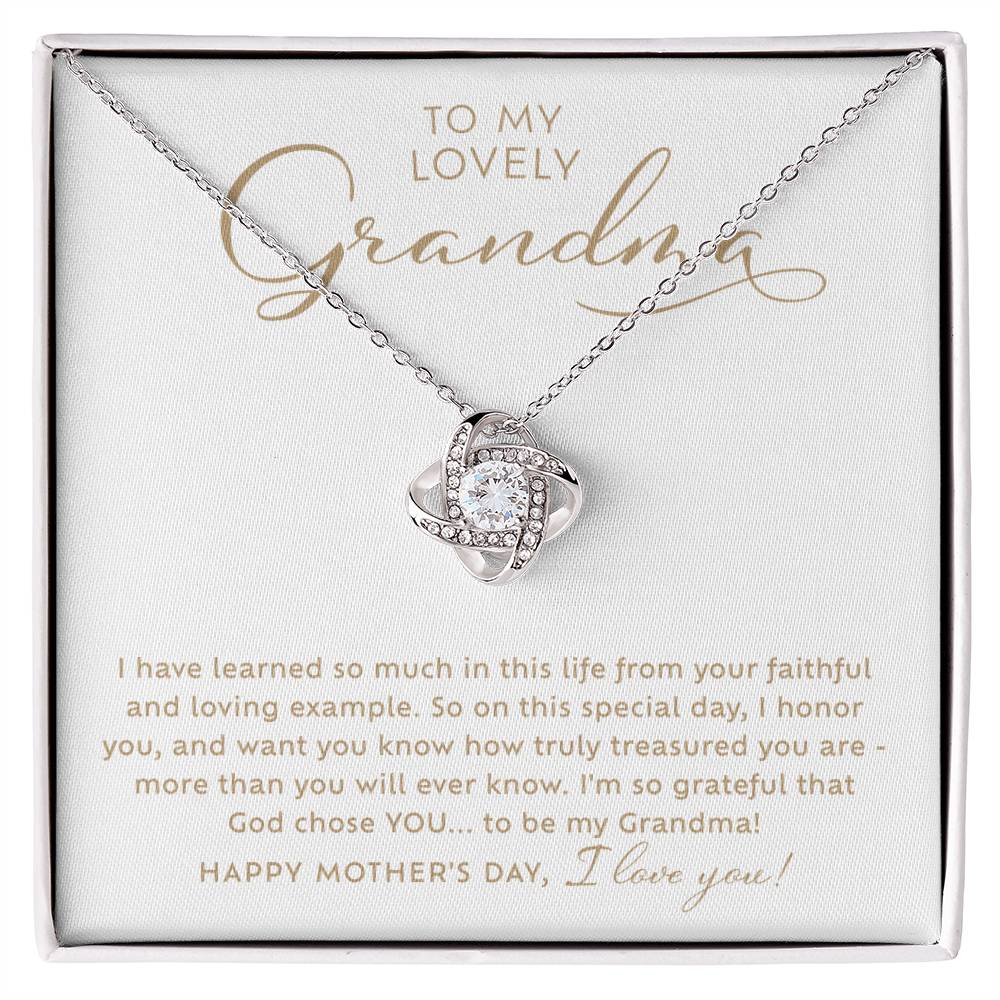 To my Lovely Grandma 14k white gold sparkling cubic zirconia Love Knot necklace Happy Mother's Day Gift to Grandmother with heart warming message card nestled inside included jewelry gift box