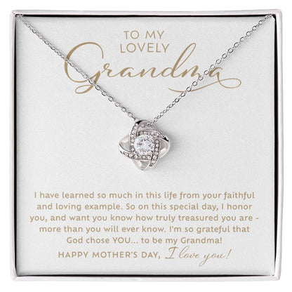 To my Lovely Grandma 14k white gold sparkling cubic zirconia Love Knot necklace Happy Mother's Day Gift to Grandmother with heart warming message card nestled inside included jewelry gift box