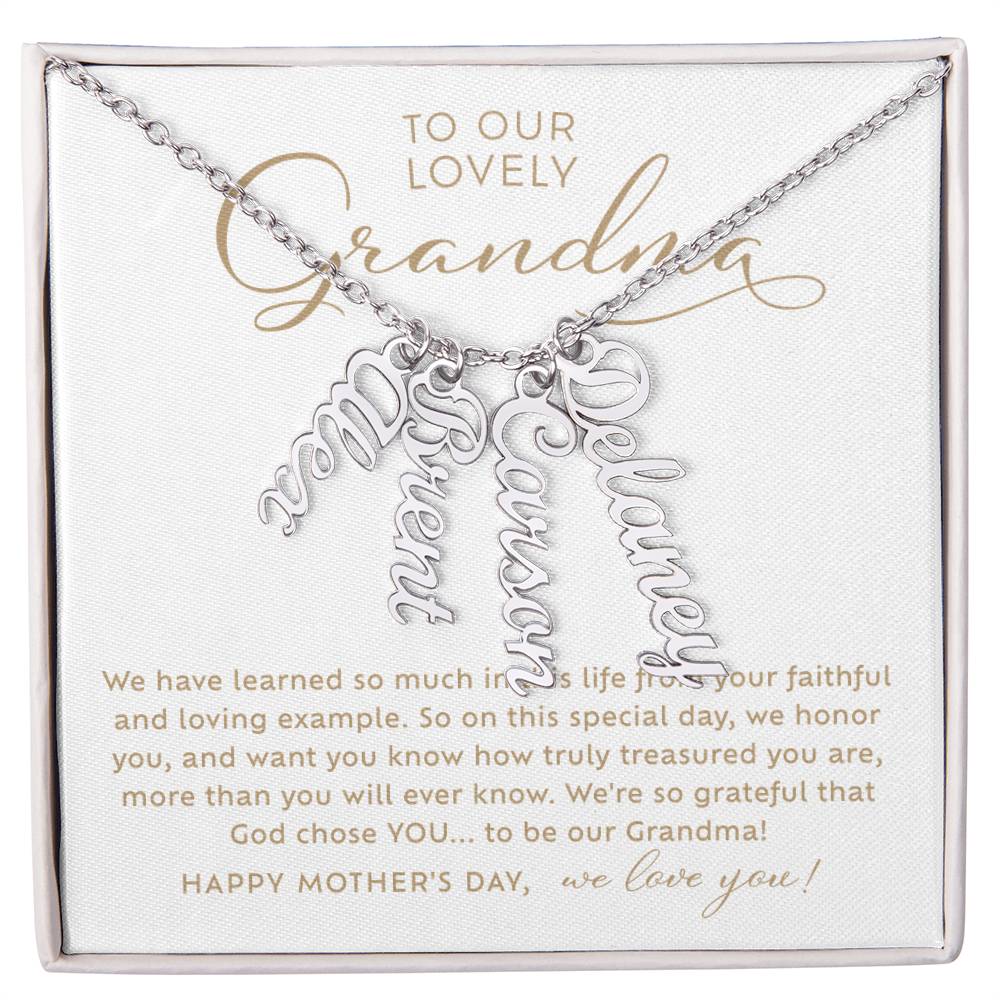 To Our Lovely Grandma silver (polished stainless steel) vertical multiple name necklace Happy Mother's Day Gift to Grandmother from grandchildren with heart warming message card nestled inside included jewelry gift box