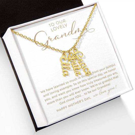To Our Lovely Grandma gold vertical multiple name necklace Happy Mother's Day Gift to Grandmother from grandchildren with heart warming message card nestled inside included jewelry gift box