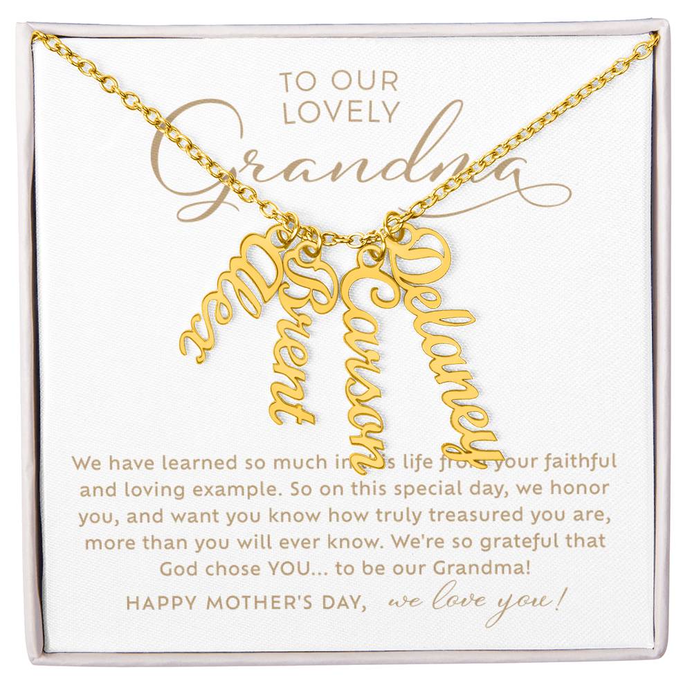 To Our Lovely Grandma gold vertical multiple name necklace Happy Mother's Day Gift to Grandmother from grandchildren with heart warming message card nestled inside included jewelry gift box