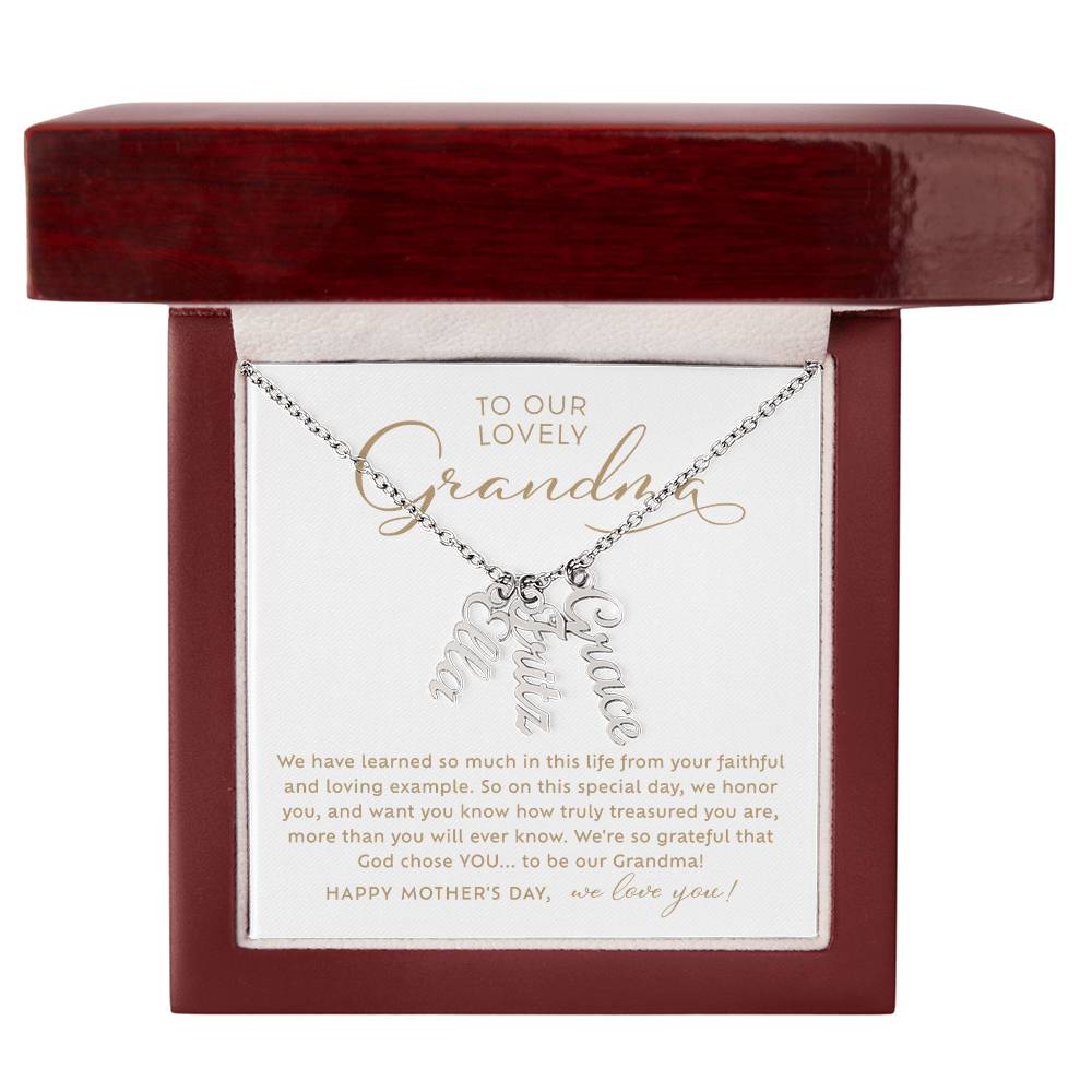 To Our Lovely Grandma silver vertical multiple name necklace Happy Mother's Day Gift to Grandmother from grandchildren with heart warming message card nestled inside luxury LED light mahogany jewelry gift box