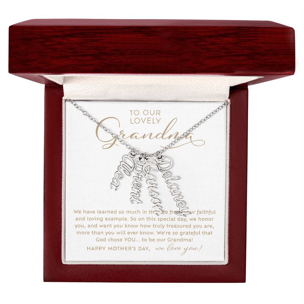 To Our Lovely Grandma silver vertical multiple name necklace Happy Mother's Day Gift to Grandmother from grandchildren with heart warming message card nestled inside luxury LED light mahogany jewelry gift box