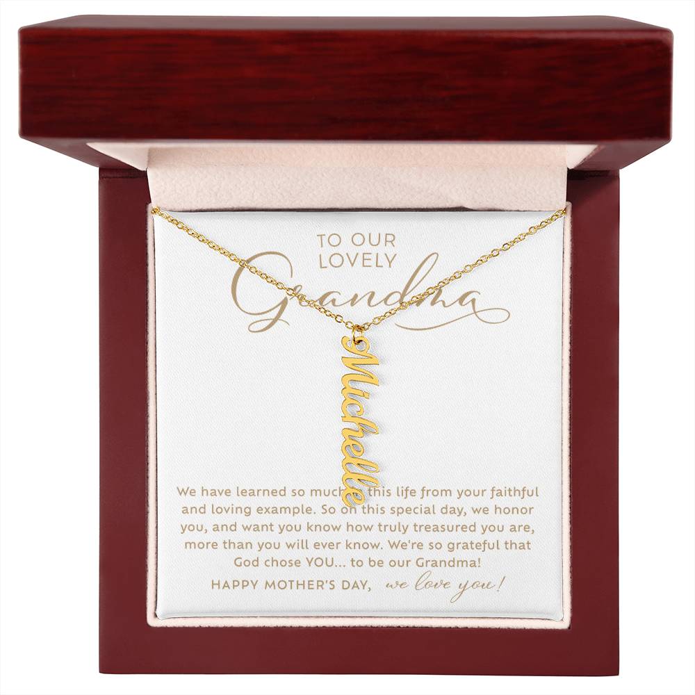 To Our Lovely Grandma gold vertical name necklace Happy Mother's Day Gift to Grandmother from grandchildren with heart warming message card nestled inside luxury LED light mahogany jewelry gift box
