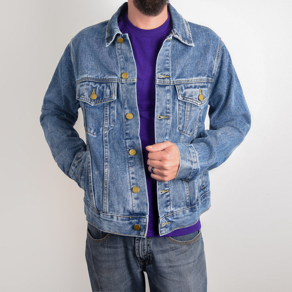 Front side of "Jesus is better - once and for all" Hebrews Bible verse retro logo design printed classic and cozy men's denim jean jacket