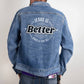 Jesus is better once and for all Hebrews Bible verse retro logo design printed on the back of this classic and cozy men's small size denim jean jacket