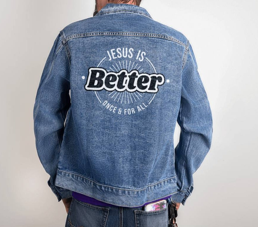 Jesus is better once and for all Hebrews Bible verse retro logo design printed on the back of this classic and cozy men's small size denim jean jacket