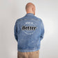 Jesus is better once and for all Hebrews Bible verse retro logo design printed on the back of this classic and cozy men's Large denim jean jacket 