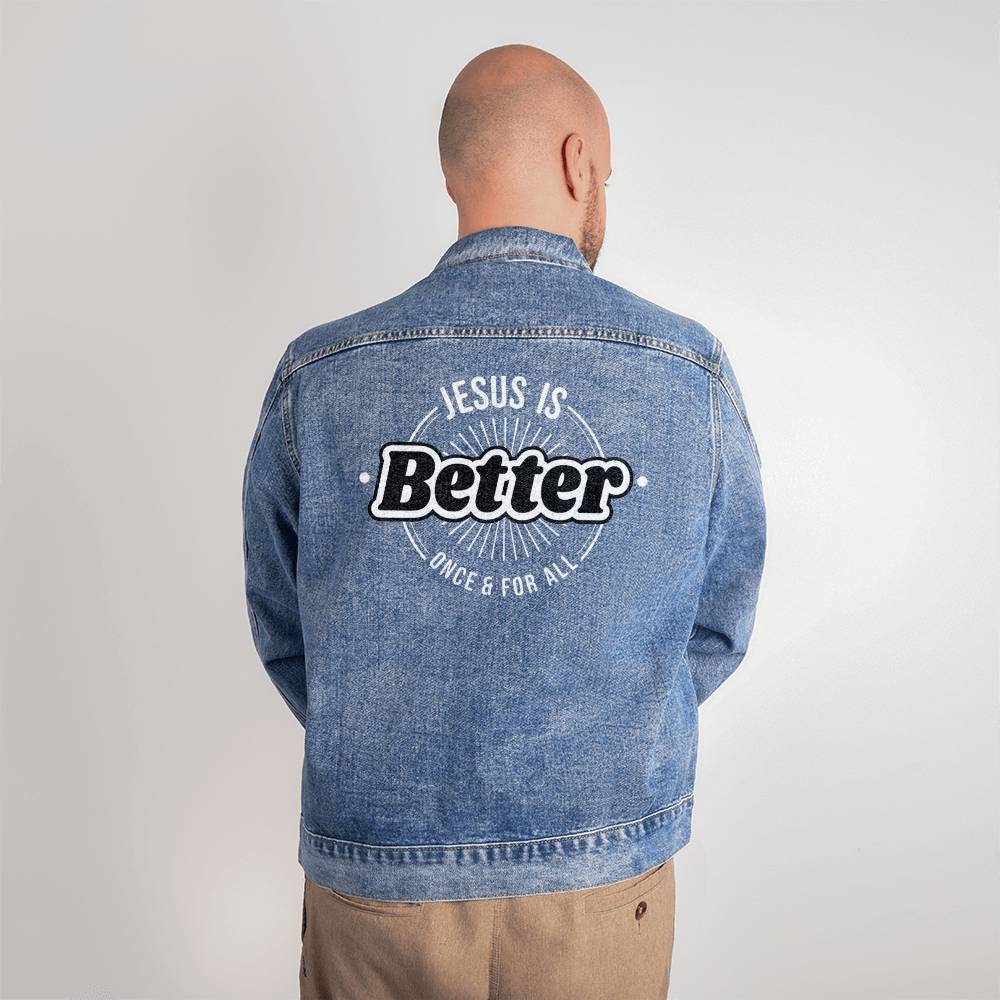 Jesus is better once and for all Hebrews Bible verse retro logo design printed on the back of this classic and cozy men's Large denim jean jacket