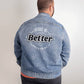 Jesus is better once and for all Hebrews Bible verse retro logo design printed on the back of this classic and cozy men's denim XL jean jacket