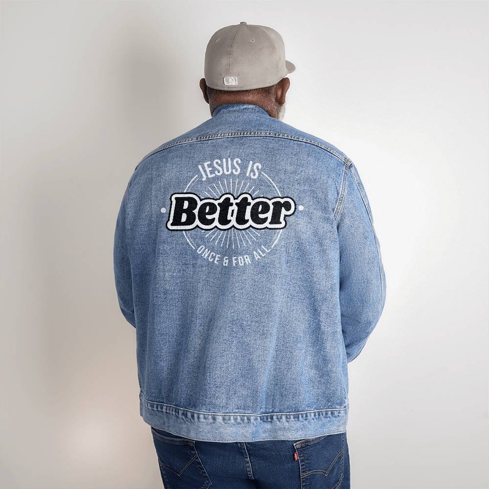 Jesus is better once and for all Hebrews Bible verse retro logo design printed on the back of this classic and cozy men's 2X-Large denim jean jacket