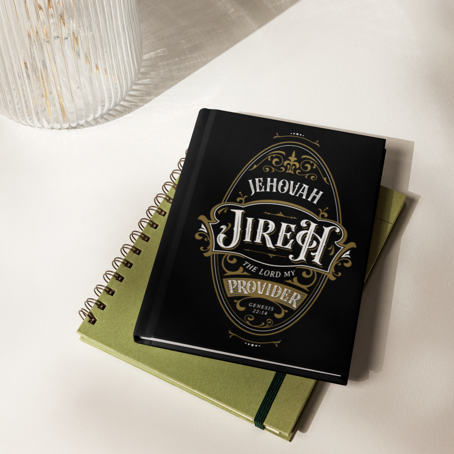'Jehovah Jireh, The LORD My Provider, Genesis 22:14' bible verse printed Christian prayer journal black lined notebook with gold and white vintage blackletter oval ornate frame design