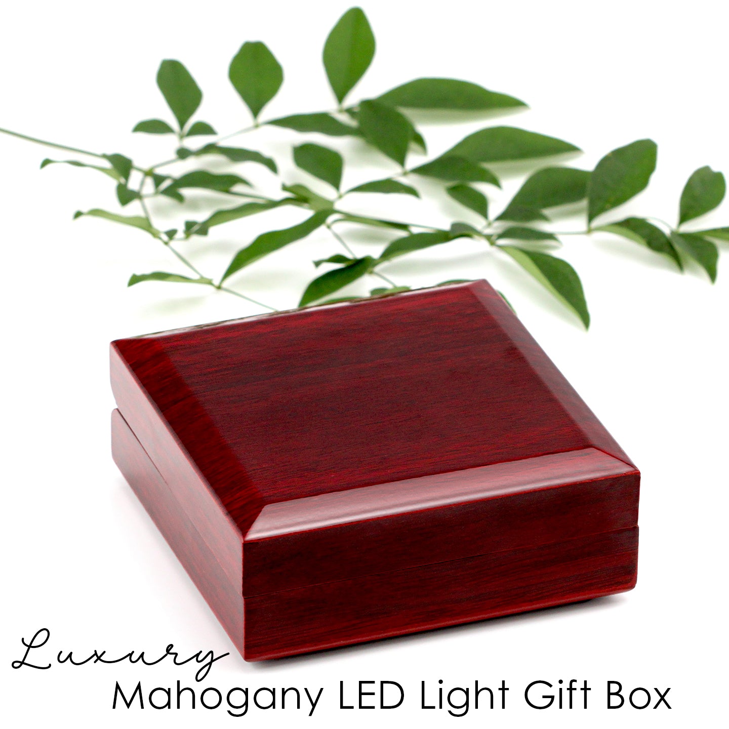 Upgrade to this gorgeous substantial luxury mahogany wood-like jewelry gift box with LED light that shines on the necklace when opened!