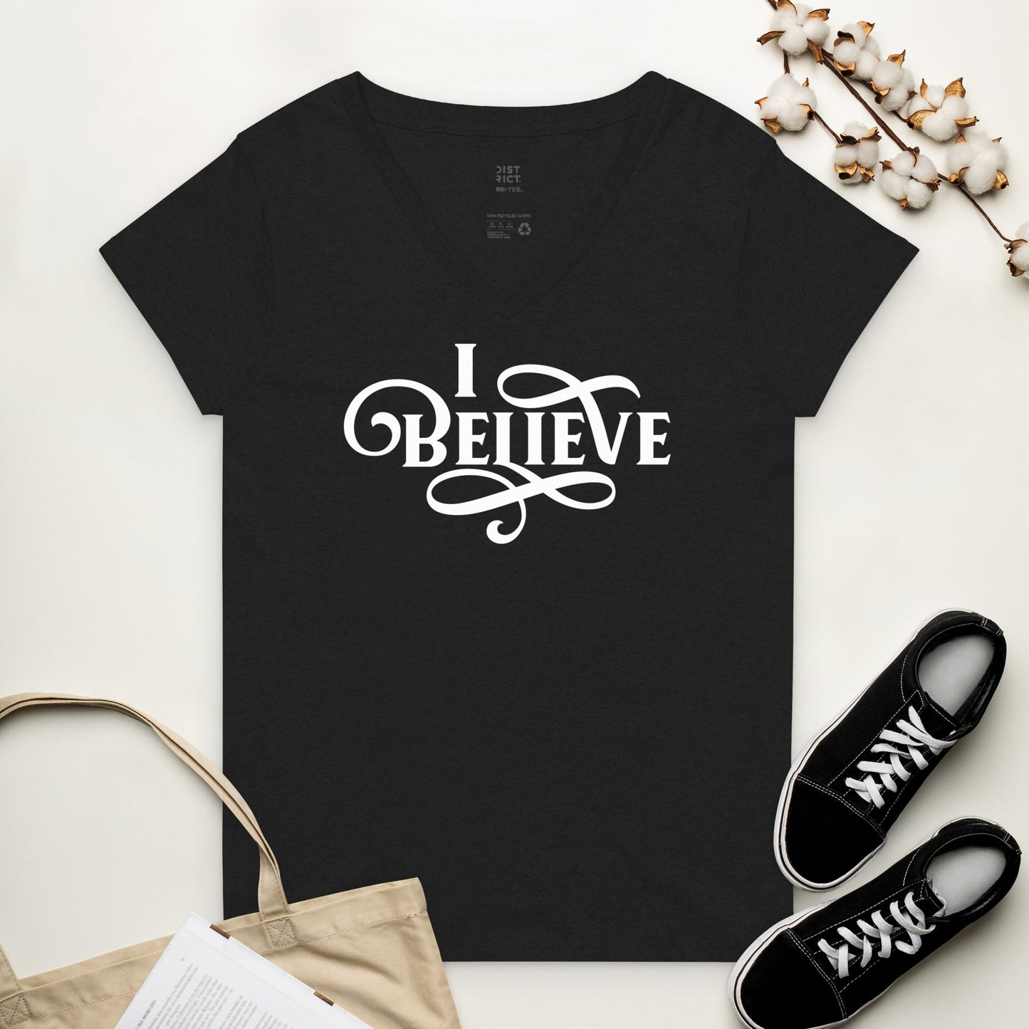 I Believe Swirl Christian aesthetic Jesus believer V-neck t-shirt design printed in white on soft black tee for faith-based women, great gift for her