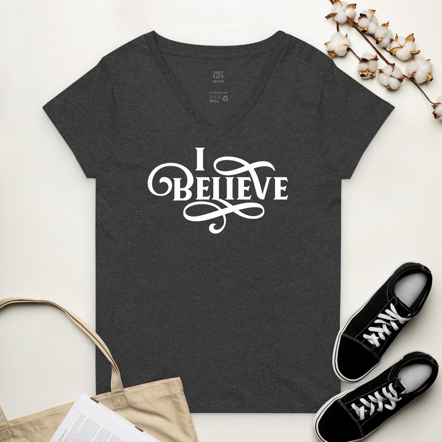 I Believe Swirl Christian Women’s Recycled V-Neck T-Shirt